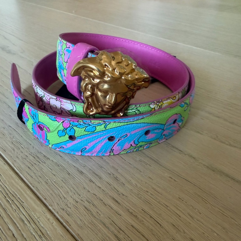 Versace Multicolor Floral Kids Belt with Signature Gold Buckle
